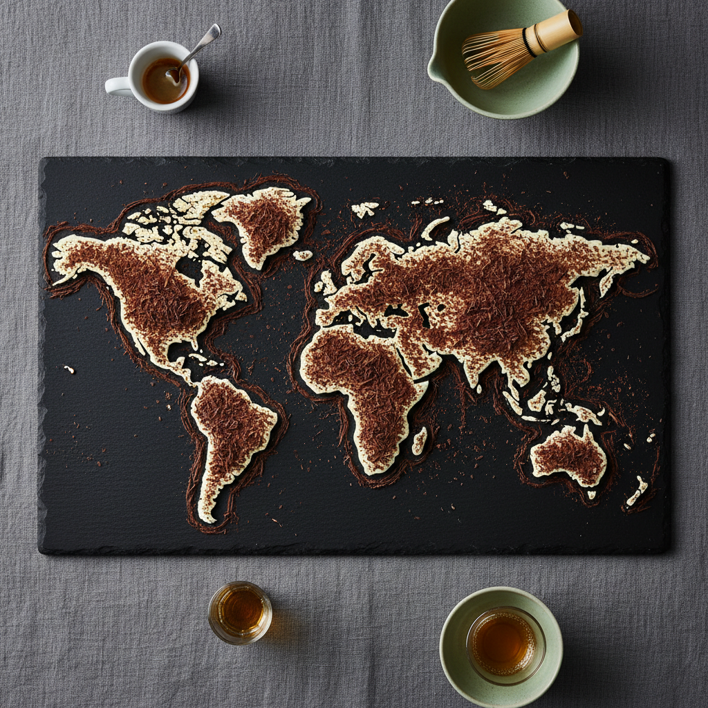 A sophisticated world-map-inspired tiramisù platter arranged on a matte slate serving board, with continents suggested by organic shapes of cocoa-dusted mascarpone and espresso-soaked biscuit pieces, bordered by finely grated dark chocolate suggesting coastlines. The board rests on a charcoal linen tablecloth, surrounded by subtle cultural hints: a tiny porcelain espresso cup, a delicate matcha bowl, and a small glass of amaretto, all softly out of focus. Overhead, diffused studio lighting creates even illumination with gentle, sculpting shadows around the textured cream and crumbs. Shot from a true bird’s-eye view, the composition is precise yet poetic, with photographic realism and a clean, modern aesthetic that communicates the idea of traveling through tiramisù flavors across the globe without showing people.