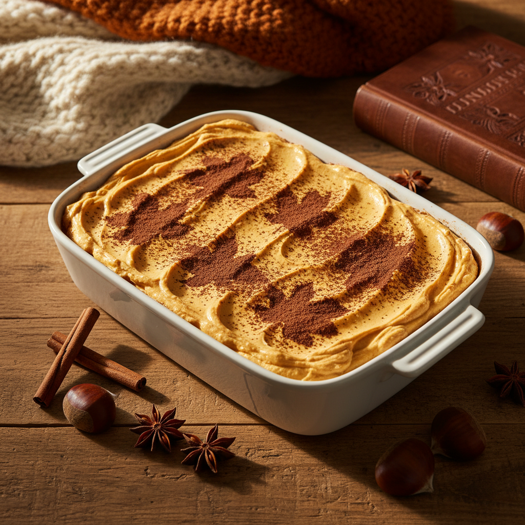 A seasonal autumn tiramisù variation presented in a matte white ceramic baking dish, its top swirled with pumpkin-hued mascarpone cream and delicately stenciled cocoa leaves across the surface. Around the dish lie scattered cinnamon sticks, star anise, and a few small chestnuts on a reclaimed oak table. Golden hour sunlight streams from the right, casting long, warm shadows and creating a soft glow on the creamy surface. Captured from a slightly overhead angle, the composition highlights the dessert while including blurred background elements of folded woolen fabric and a closed, embossed cookbook. The photographic realism and rich amber tones evoke warmth, nostalgia, and the sophistication of carefully curated seasonal baking.