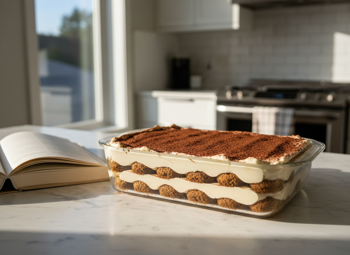 A meticulously layered classic tiramisù in a pristine rectangular glass dish, showing distinct bands of espresso-soaked ladyfingers and pale, velvety mascarpone cream dusted evenly with fine cocoa powder. The dessert rests on a smooth carrara marble countertop beside an open, linen-bound cookbook whose pages display softly blurred recipe text. Late afternoon natural light filters in from the left, creating gentle highlights on the glossy cream and faint shadows along the dish’s edges. Shot from a slightly elevated, three-quarter angle with shallow depth of field, the tiramisù is centered using the rule of thirds, conveying sophistication and quiet indulgence. The photographic realism emphasizes texture—the porous biscuits, airy cream, and powdery cocoa—within a clean, modern, contemplative kitchen setting.