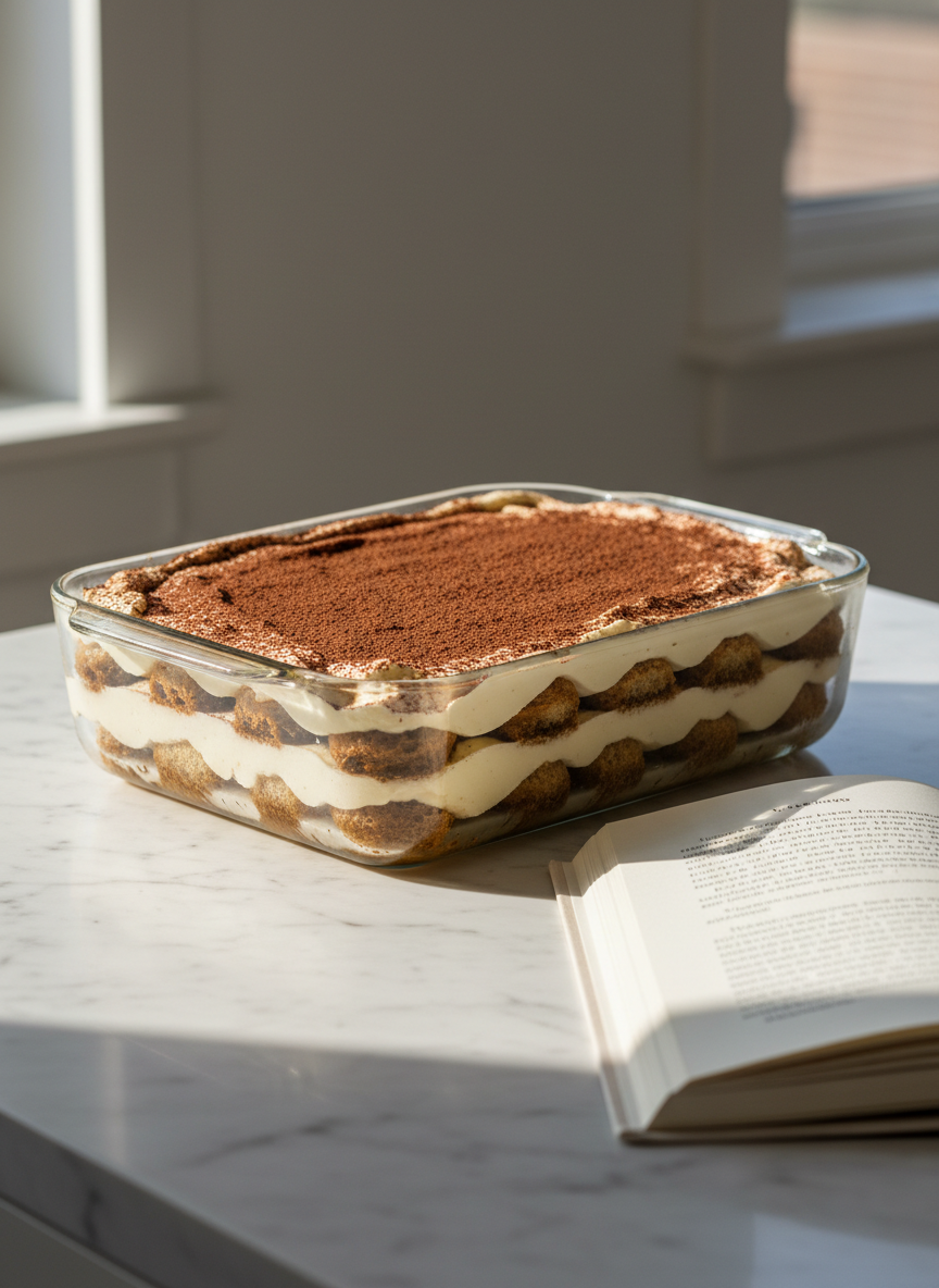 A meticulously layered classic tiramisù in a pristine rectangular glass dish, showing distinct bands of espresso-soaked ladyfingers and pale, velvety mascarpone cream dusted evenly with fine cocoa powder. The dessert rests on a smooth carrara marble countertop beside an open, linen-bound cookbook whose pages display softly blurred recipe text. Late afternoon natural light filters in from the left, creating gentle highlights on the glossy cream and faint shadows along the dish’s edges. Shot from a slightly elevated, three-quarter angle with shallow depth of field, the tiramisù is centered using the rule of thirds, conveying sophistication and quiet indulgence. The photographic realism emphasizes texture—the porous biscuits, airy cream, and powdery cocoa—within a clean, modern, contemplative kitchen setting.