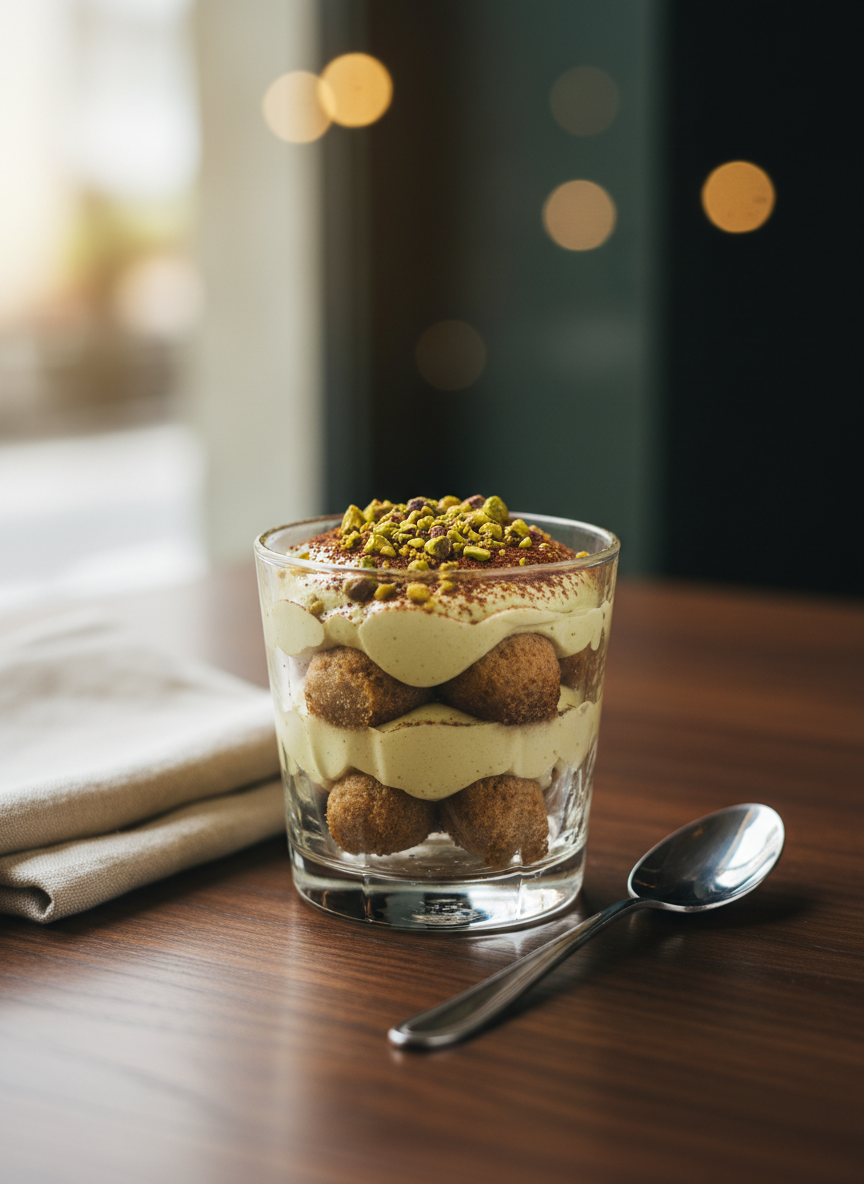 An elegant close-up of an individual tiramisù served in a crystal-clear stemless glass, revealing refined layers of pistachio-green mascarpone, pale biscuit, and a crown of chopped roasted pistachios with a whisper of cocoa. The glass stands on a dark walnut table, beside a folded natural linen napkin and a polished silver dessert spoon. Soft, diffused window light from the background creates a gentle halo around the glass and subtle reflections on the table’s grain. Photographed at eye level with a shallow depth of field, the background melts into warm, sophisticated bokeh in deep greens and browns, evoking a calm, luxurious café atmosphere in a photographic, minimalist style.