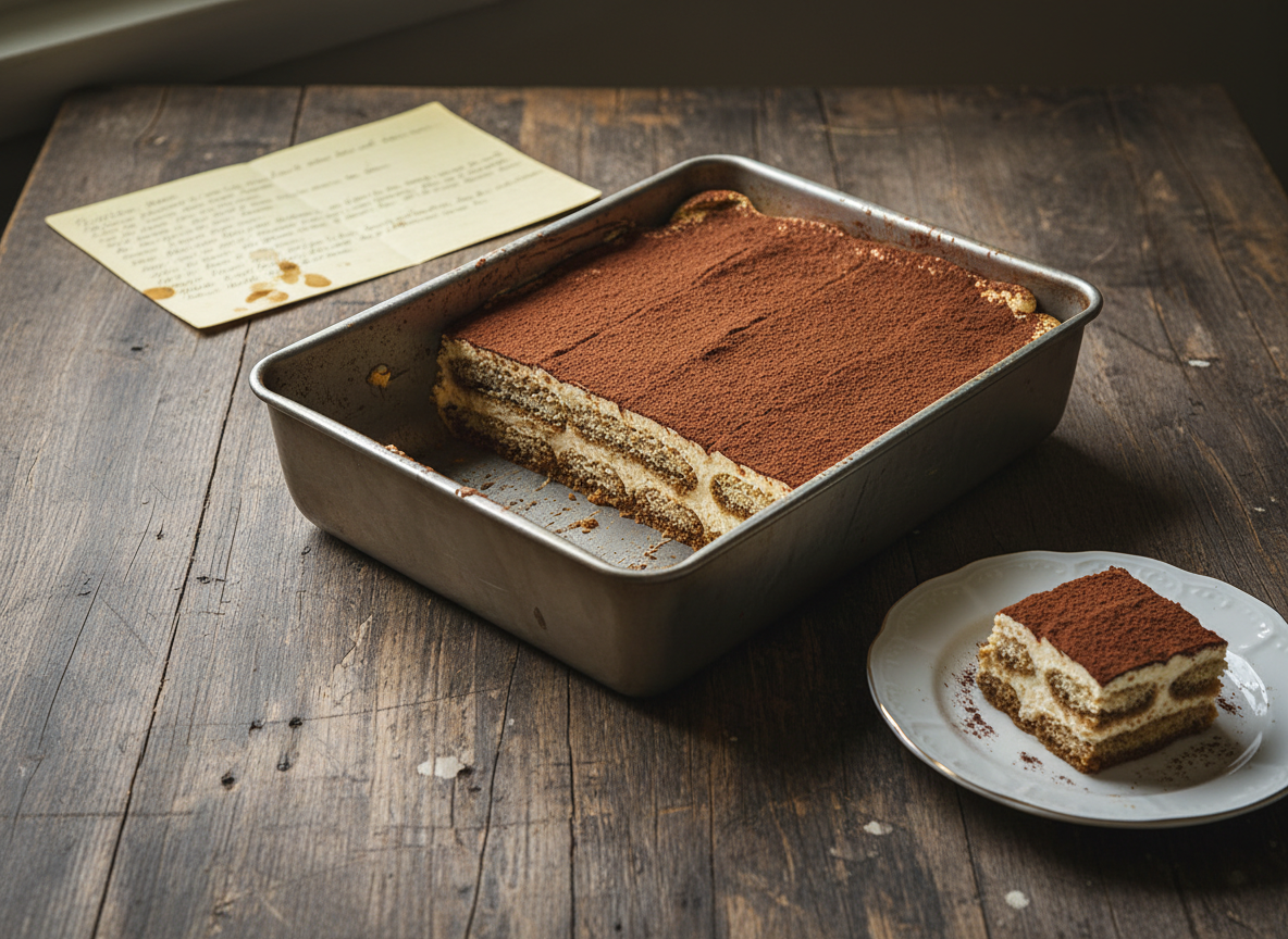 A memory-evoking tiramisù scene featuring a vintage metal baking pan holding a generously dusted, slightly rustic tiramisù, its surface marked by the gentle impression of a removed square. A single remaining slice sits on a small, scalloped-edge porcelain plate, with faint cocoa smudges on the rim, placed upon a timeworn wooden table with visible grain and age marks. Nearby, an old handwritten recipe card lies partially unfolded, ink slightly faded. Soft, overcast window light from the left creates an even, nostalgic glow and muted shadows. Photographed at a three-quarter angle with moderate depth of field, the pan and slice are in clear focus while the recipe card gently blurs, conveying photographic realism, warmth, and the tender legacy of recipes passed through generations.
