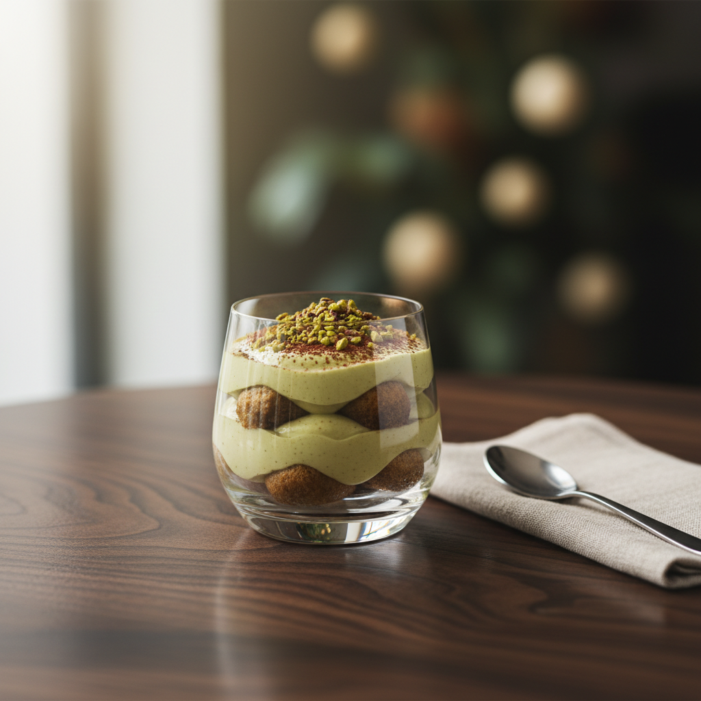 An elegant close-up of an individual tiramisù served in a crystal-clear stemless glass, revealing refined layers of pistachio-green mascarpone, pale biscuit, and a crown of chopped roasted pistachios with a whisper of cocoa. The glass stands on a dark walnut table, beside a folded natural linen napkin and a polished silver dessert spoon. Soft, diffused window light from the background creates a gentle halo around the glass and subtle reflections on the table’s grain. Photographed at eye level with a shallow depth of field, the background melts into warm, sophisticated bokeh in deep greens and browns, evoking a calm, luxurious café atmosphere in a photographic, minimalist style.