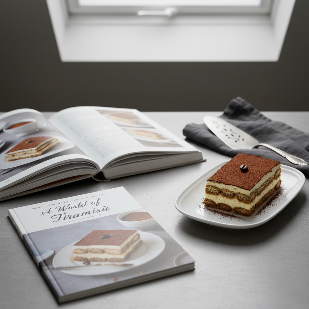A refined still life of an open tiramisù cookbook titled “A World of Tiramisù” resting on a smooth, dove-gray concrete surface, beside an impeccably plated rectangular slice of tiramisù on a thin-rimmed white porcelain plate. The slice reveals perfect strata of cream and espresso biscuit, finished with a silky cocoa veil and a single coffee bean resting on top. Gentle overhead natural light from a skylight bathes the scene in soft, even brightness, highlighting the paper texture and the dessert’s creamy sheen. Shot from a slightly elevated angle with sharp focus on the book cover and dessert, the surrounding elements—an antique silver cake server and a folded charcoal napkin—fade into subtle blur. The mood is contemplative, intellectual, and elegant, in crisp photographic realism.