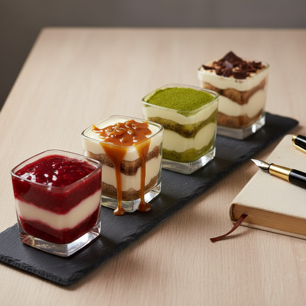 An intimate composition of four miniature tiramisù variations arranged in a straight line on a long, narrow slate serving board: one topped with ruby-red raspberry coulis, one with glossy salted caramel, one with a dusting of matcha, and one with shards of dark chocolate. Each miniature sits in a small, clear square glass, showing distinct layers of biscuit and mascarpone. The board rests on a pale oak table beside a carefully placed fountain pen and a closed, cloth-bound journal, hinting at personal stories. Side lighting from a nearby window casts refined, directional light that carves delicate shadows behind each glass. Captured from a low, oblique angle, with the front dessert in sharp focus and the rest fading into soft bokeh, the photographic style feels modern, thoughtful, and exploratory.